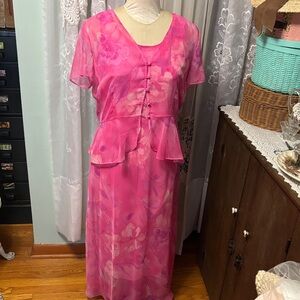 Sheer Pink Polyester Floral Two-Piece Dress Ensemble w/ Peplum Sz L-XL